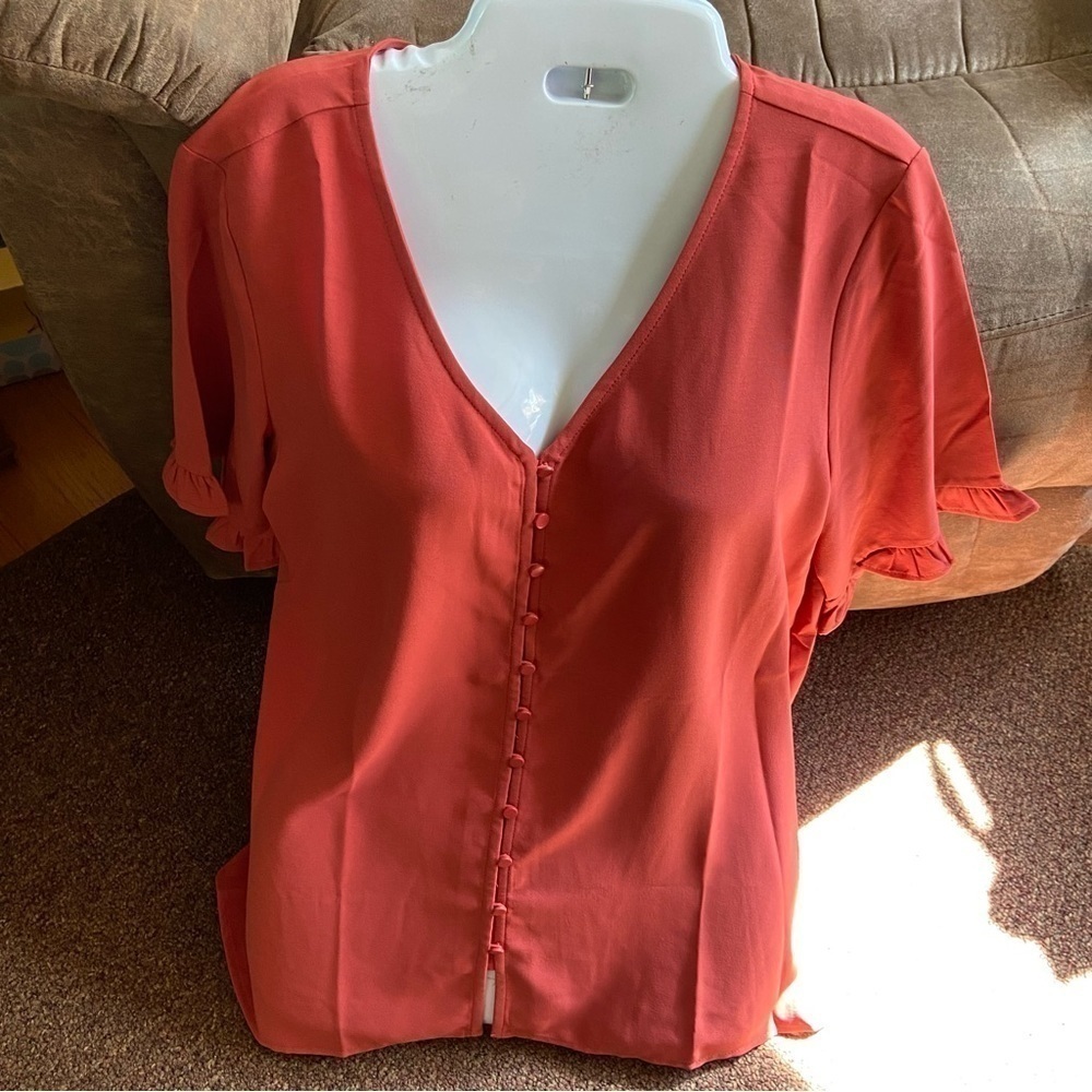 Terra cotta blouse w/ ruffle sleeves. Button down, feminine business attire.